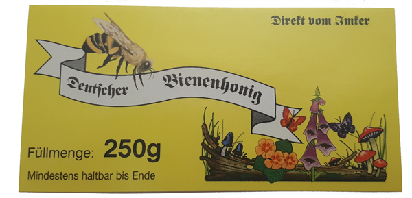 Etikett "Deutscher Bienenhonig" (gelb, gummiert) 250 g